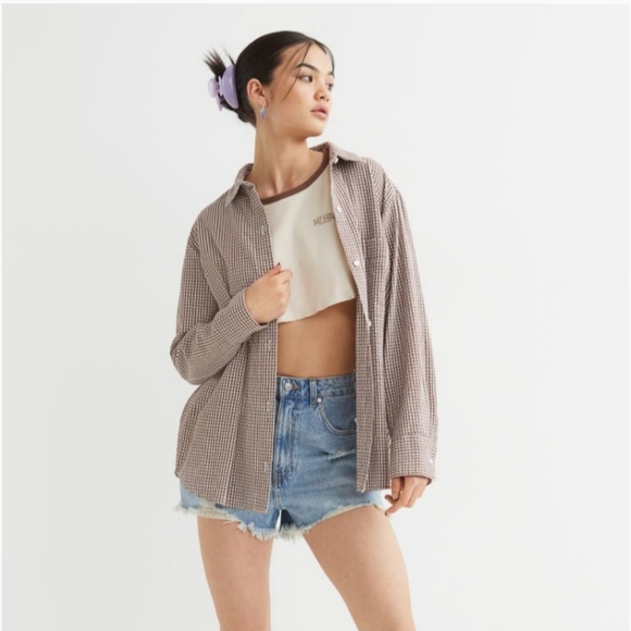 ⛔SOLD⛔🆕️NWT H&M Seersucker Shirt in 'Brown/White Checked', XL - Picture 3 of 12